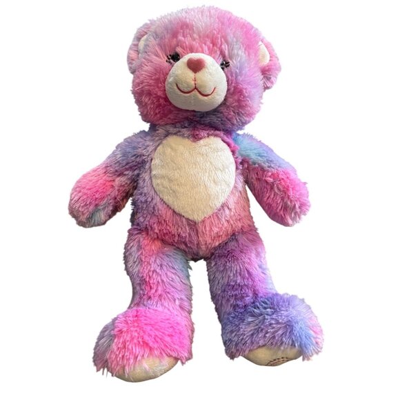 Build-A-Bear Workshop Forever Hearts Tie Dye Teddy Bear 16" Pink Blue Heart Foot - Picture 2 of 10